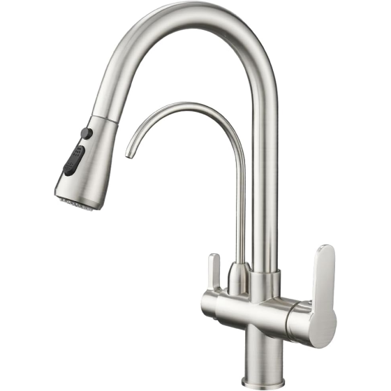 Kitchen Sink Faucet with Pull Down Sprayer 2 Handle 3 in 1 Water Filter Purifier Faucets Brushed Nickel 0195SN