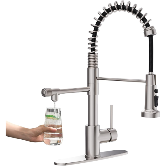 Filter Kitchen Faucet for Water Filtration System Drinking Water Faucet 3 in1 Commercial Style Pull-Down Single le, Brushed Nickel,Without Water Filtration Device