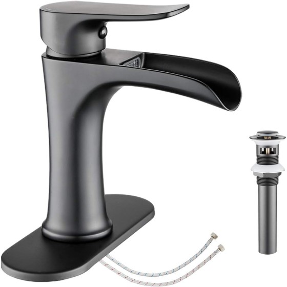 Waterfall Bathroom Faucet Black Matte Black with Pop Up Drain Single le One Hole or Three Holes Vanity Farmhouse RV Vessel Basin Faucet Deck Mount