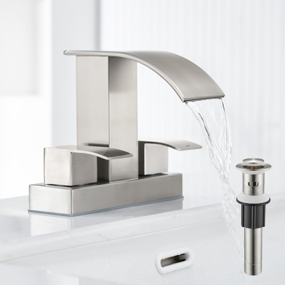 Waterfall Bathroom Sink Faucet Set with Pop Up Drain Stopper & Supply Lines - 4 Inch 2 les Centerset Faucet 2 or 3 Hole Lavatory Faucet Bathroom Vanity Mixer Tap Basin Faucets Brushed Nickel